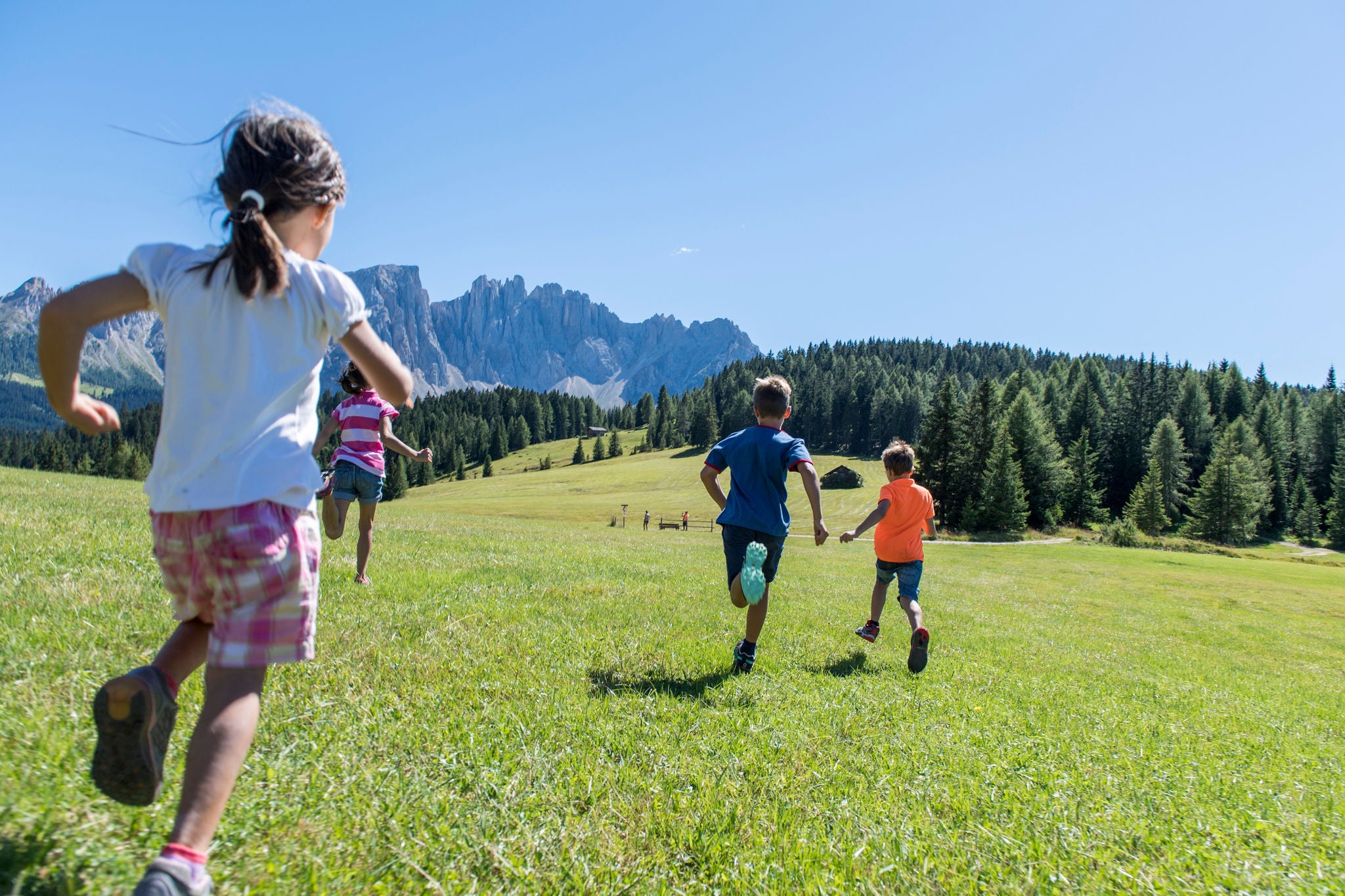 Vier Kinder laufen im Sommer über eine sattgrüne Wiese in der Dolomitenregion Eggental.