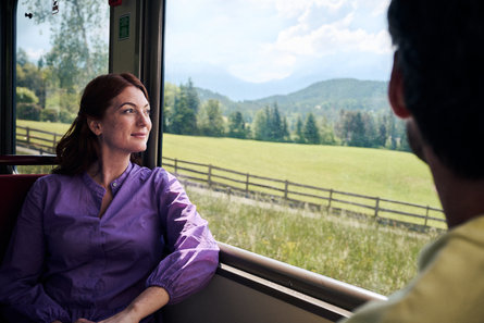 Una donna siede rilassato nello scompartimento di un treno e guarda i prati fuori dal finestrino