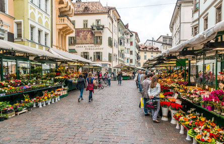 Pohled na barevné stánky ovocného trhu „Obstmarkt“ v Bolzanu