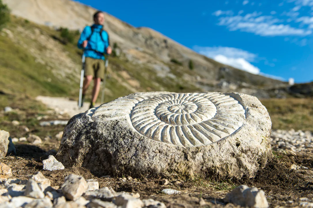 Vista di un escursionista e di una raffigurazione di un fossile nel Latemarium in Val d'Ega