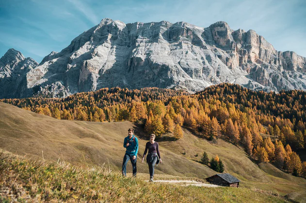 Een man en een vrouw wandelen door het goudkleurige Dolomietenlandschap in de herfst