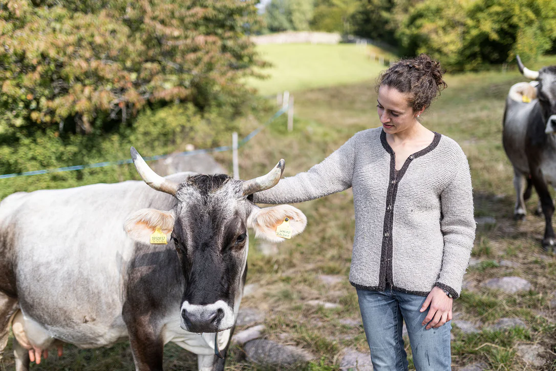 Melkveehoudster Anna Pfeifer verzorgt haar koeien.