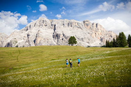 Tři lidé jdou po rozkvetlé alpské louce k masivní hoře Heiligkreuzkofel