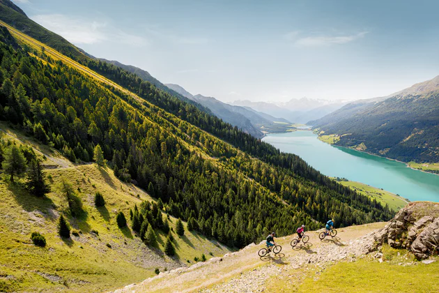Tre persone percorrono un tragitto panoramico in mountain bike