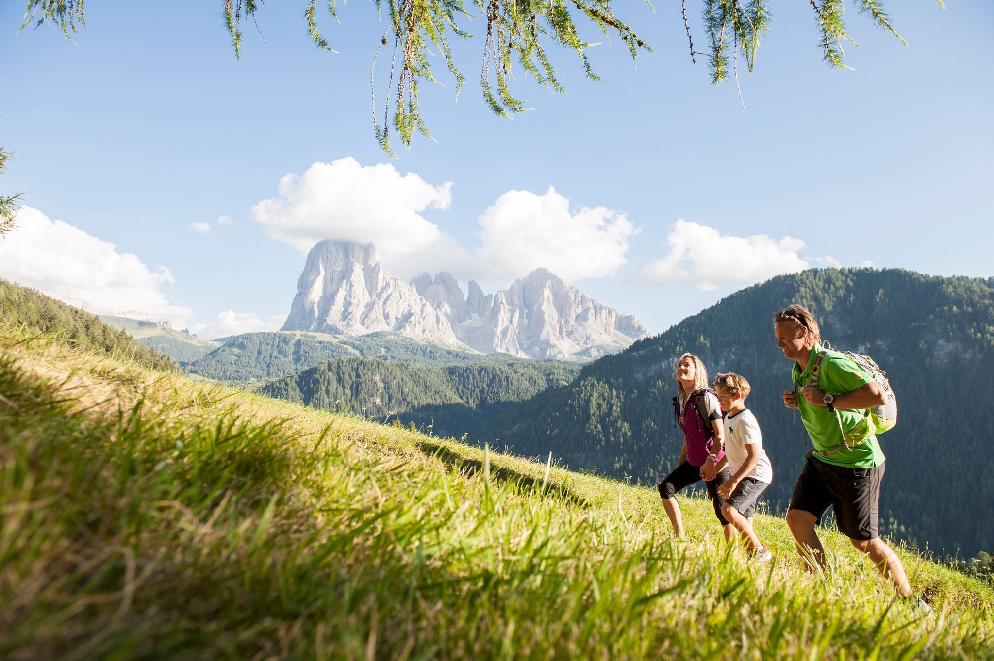 Eine Familie wandert eine Almwiese hinauf, dahinter sind die markanten Dolomitenberge Platt- und Langkofel zu sehen
