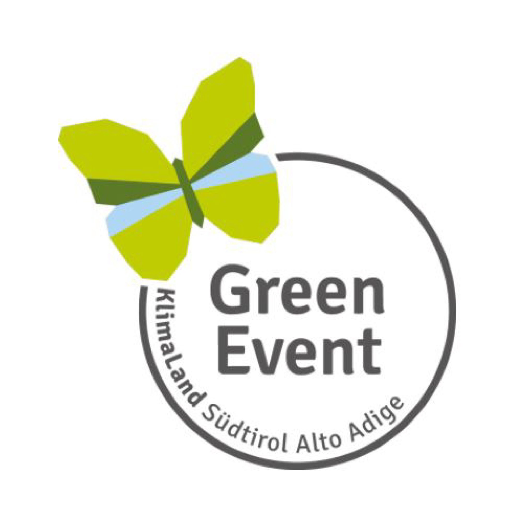 Das Label Green Event für nachhaltige Veranstaltungen in Südtirol zeigt einen illustrierten Schmetterling mit grün-blauen Flügeln.