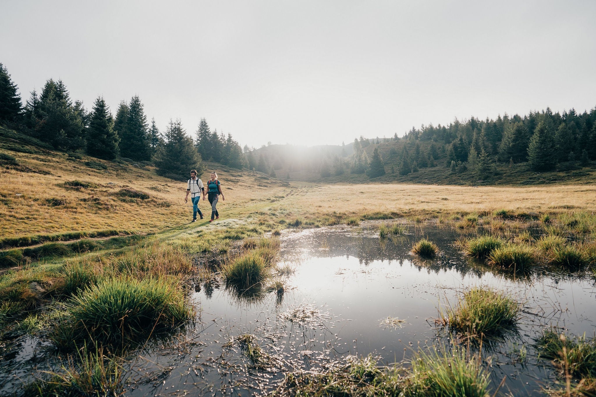 Mann und Frau wandern durch die herbstlich gefärbte Landschaft in den Brixner Bergen.