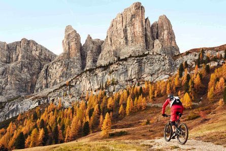 Rowerzysta na rowerze górskim jedzie przez jesienną okolicę na tle skalistych gór