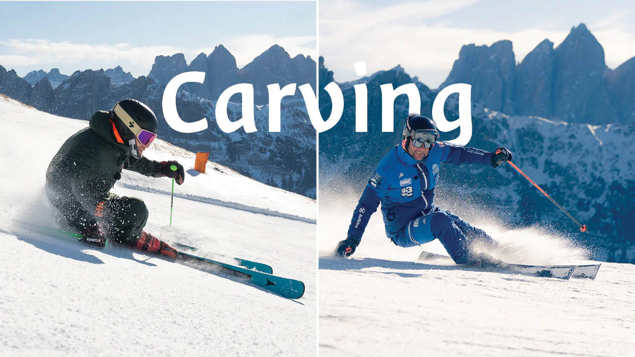 Zwei Personen beim Carving auf einer Skipiste im Skigebiet Plose