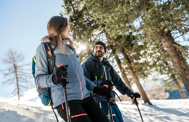 Una coppia intenta a fare un'escursione invernale costeggiando un bosco