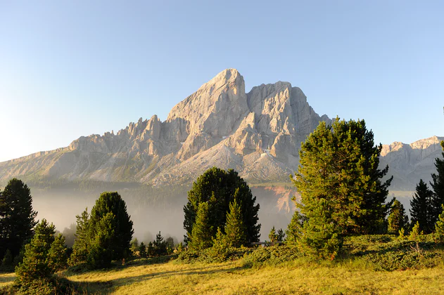 Prairie avec montagnes en arrière-plan, dans le parc naturel de Puez-Geisler