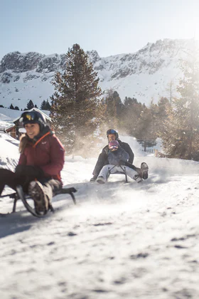 A family tobogganing down to the valley.