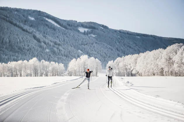 Deux personnes en train de faire du ski de fond dans un paysage enneigé 