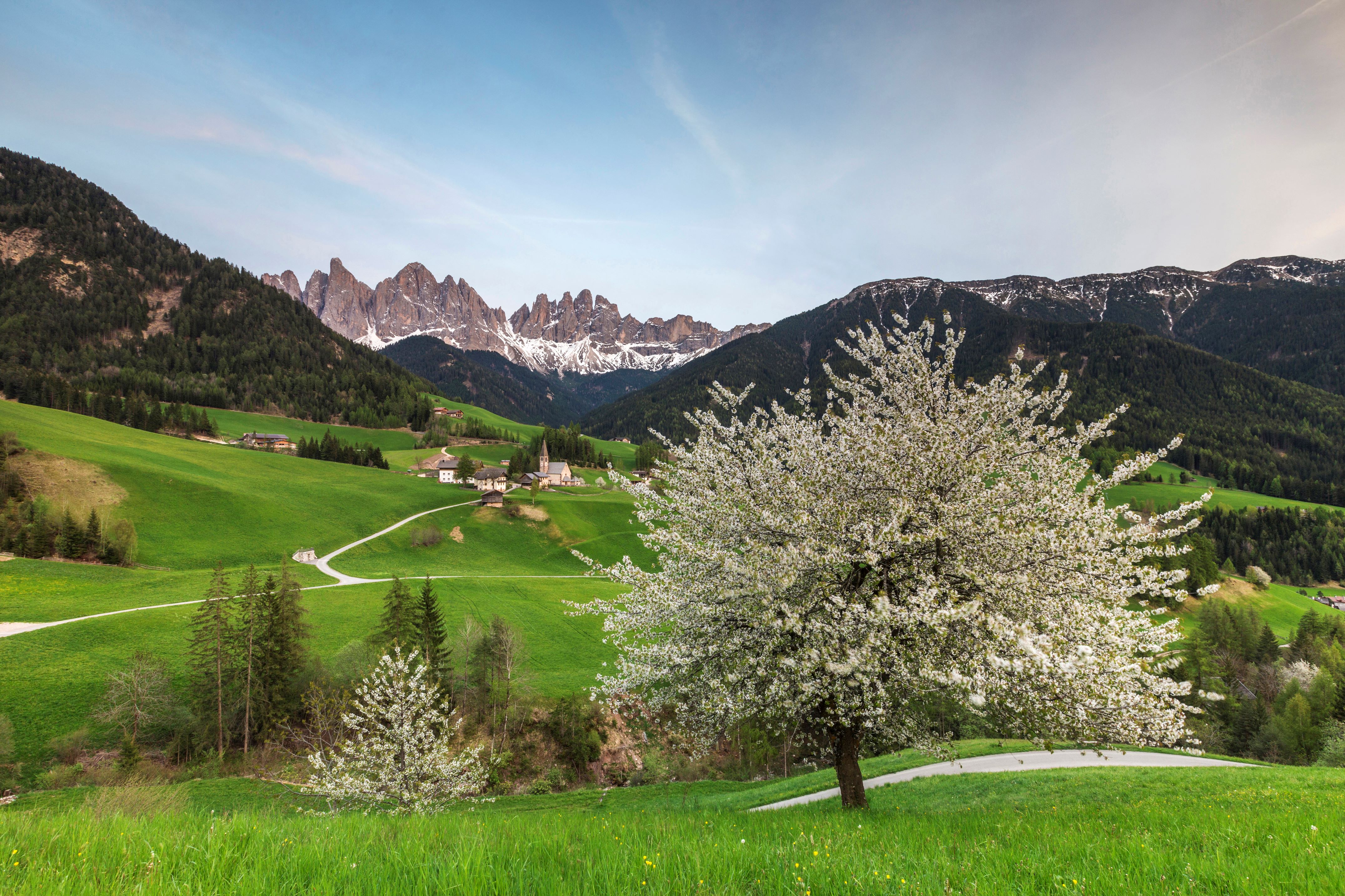 Paesino in mezzo a un prato verde con le Odle alle spalle