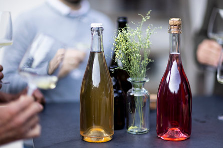 Mehrere Personen die an einem Tisch mit Südtiroler Cider Flaschen stehen und anstoßen