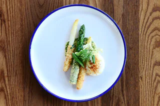 Bunte Mischung aus grünem und weißem Spargel, teilweise paniert, mit einer cremigen Sauce, frischen Kräutern und einem weichgekochten Ei.