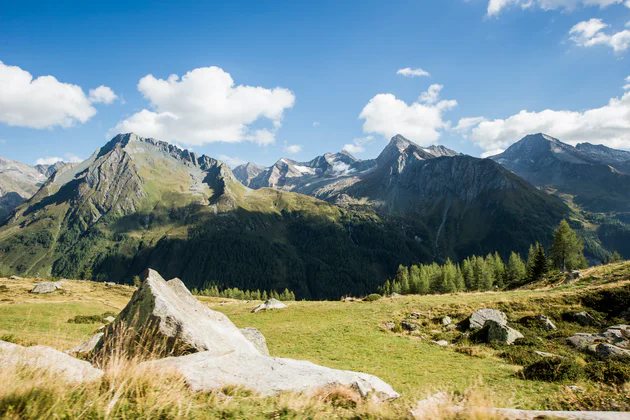 Vista sullo scenario montano della Valle Aurina con verdi prati e boschi e imponenti montagne sullo sfondo