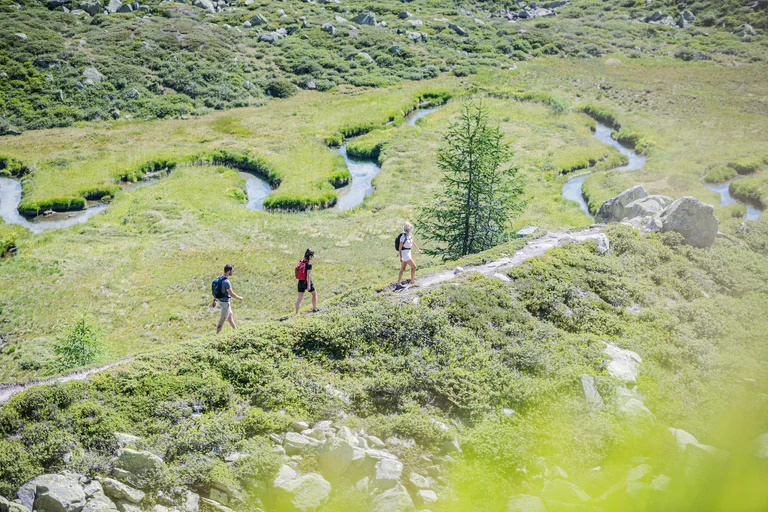 Due donne e un uomo fanno un'escursione in Valle Aurina in estate