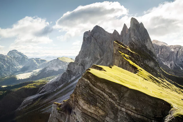 Dolomite mountain panorama in the Val Gardena valley on a summer’s day.