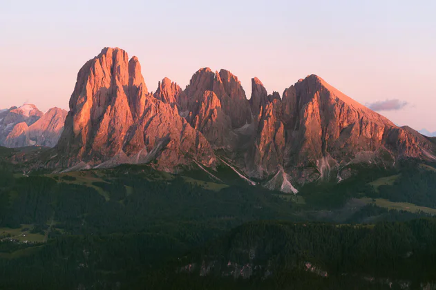 Panoramic view over the majestic Langkofel massif at sunset