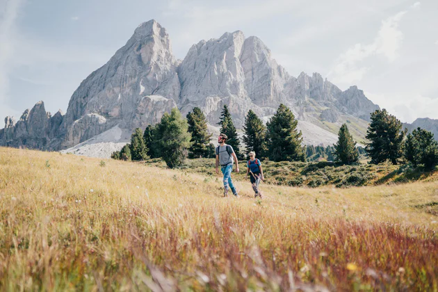 Due persone camminano attraverso un prato dai colori autunnali nel parco naturale Puez-Odle