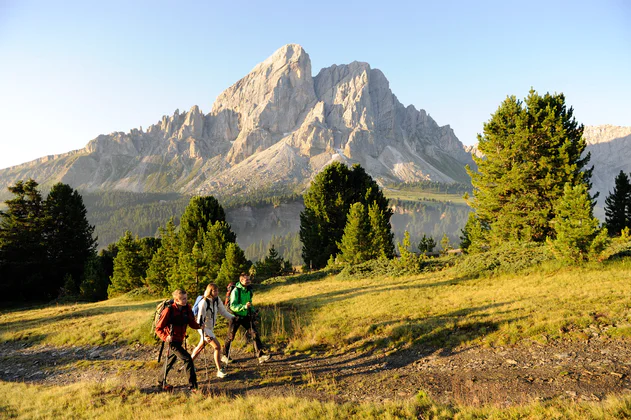 Three people walk across a mountain meadow; rocky peaks can be seen in the background.