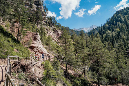 Une famille de quatre personnes en randonnée gravit une pente dans les gorges Bletterbachschlucht. Ils portent des casques. À droite de l’image, on aperçoit une forêt de conifères, à l’arrière-plan se dressent des montagnes rocheuses.