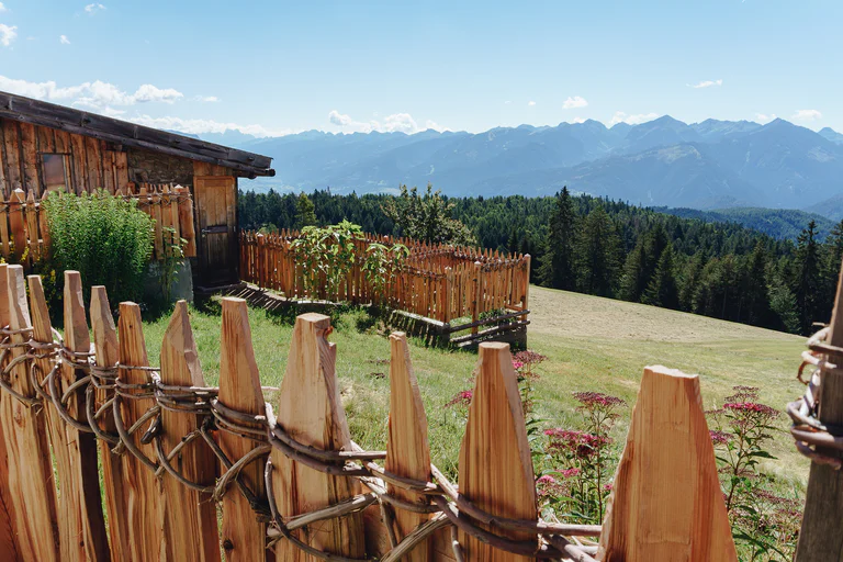 Vista panoramica su pendii verdeggianti da dietro un recinto di legno