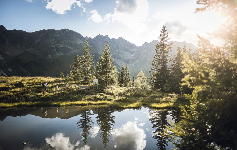 Paesaggio boschivo e un piccolo lago di montagna con un meraviglioso panorama nella zona di Colle Isarco