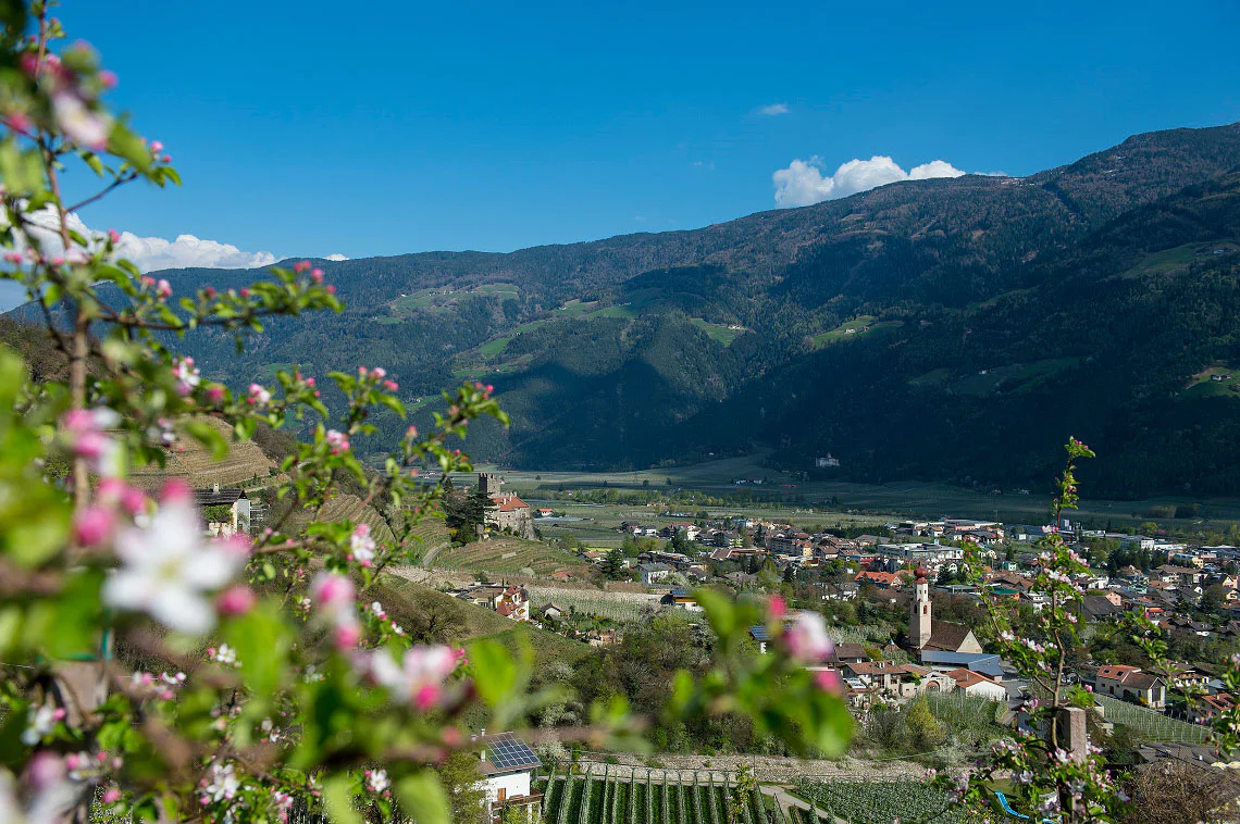 Prati verdi e vista panoramica su Naturno in lontananza