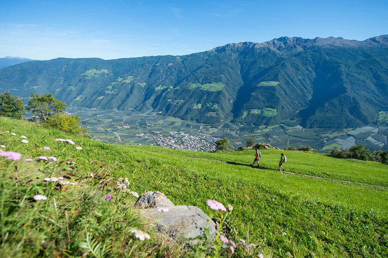 Prati verdi e vista panoramica su Naturno in lontananza