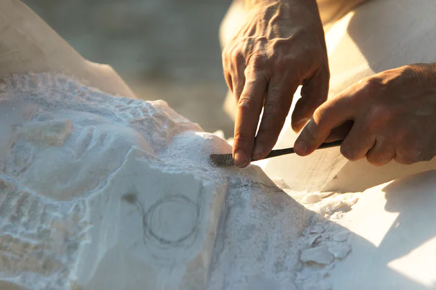 Sculpteur sur pierre travaillant du marbre de Laas