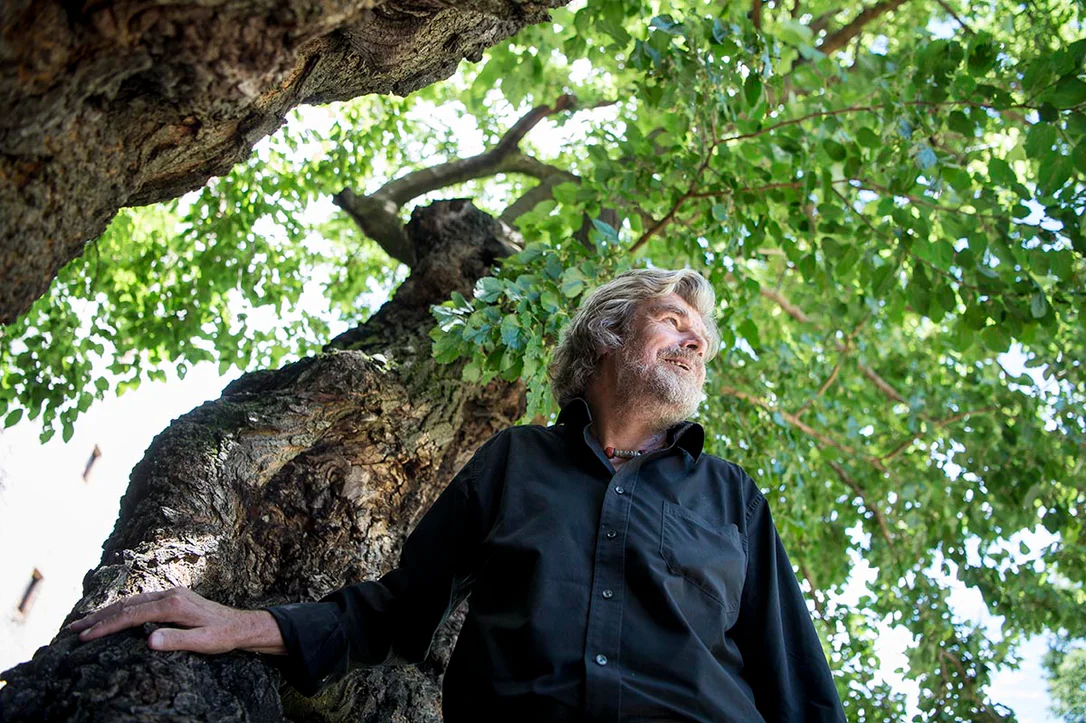 Reinhold Messner in piedi davanti a un monumentale albero