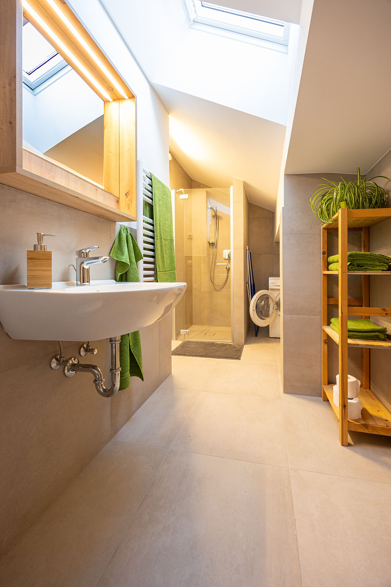 Bathroom with skylight, shower and washing machine