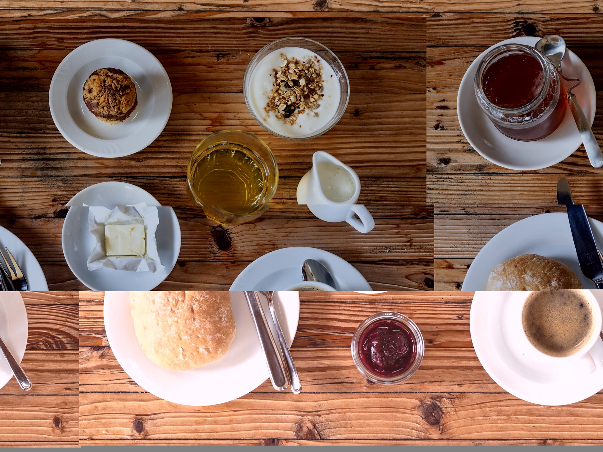 Frühstück klein, süß, mit vielen biologischen Produkten vom Hof und anderen Bauern