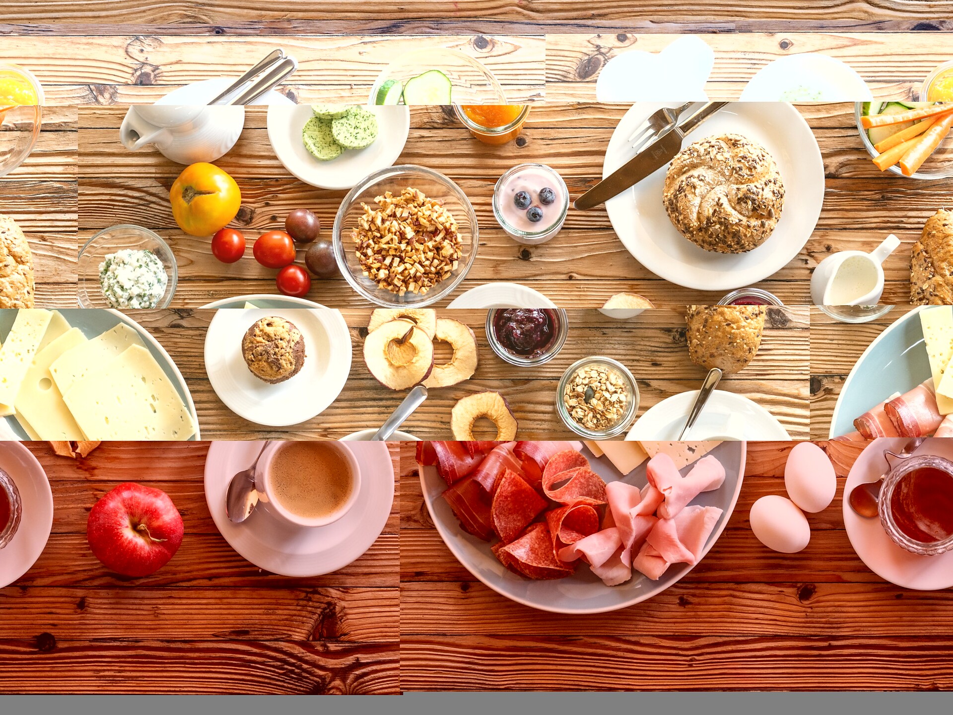 Bauernhoffrühstück mit vielen biologischen Produkten vom Hof und anderen Bauern