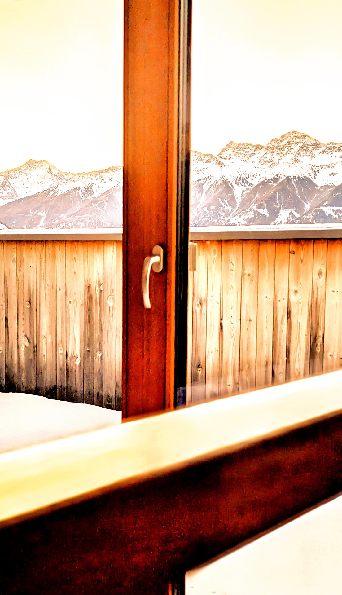 This detailed shot captures the unique view from the bed of the rooftop suite at the FinKa in Mals,