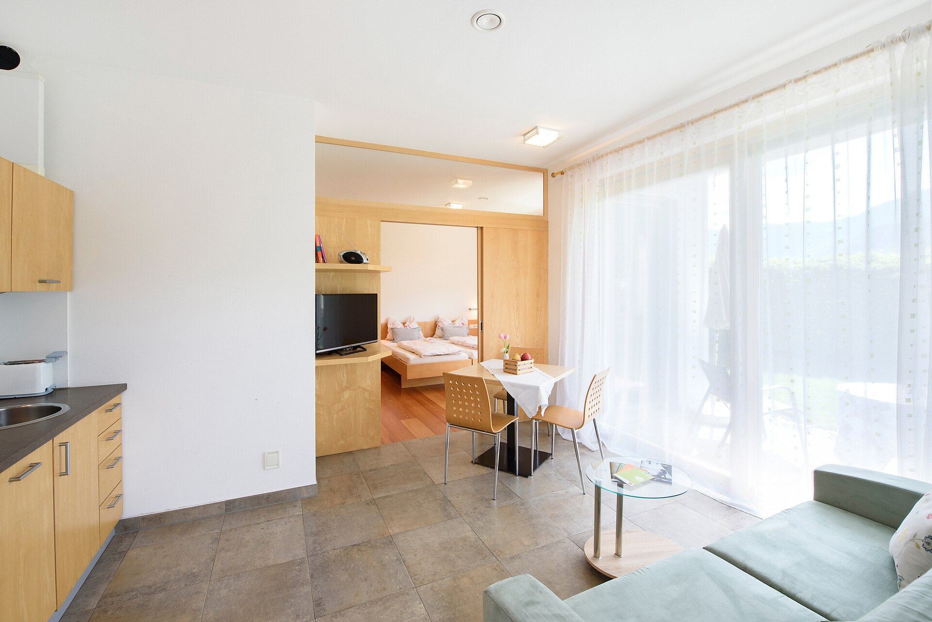 Living room with kitchen and sofa/bed