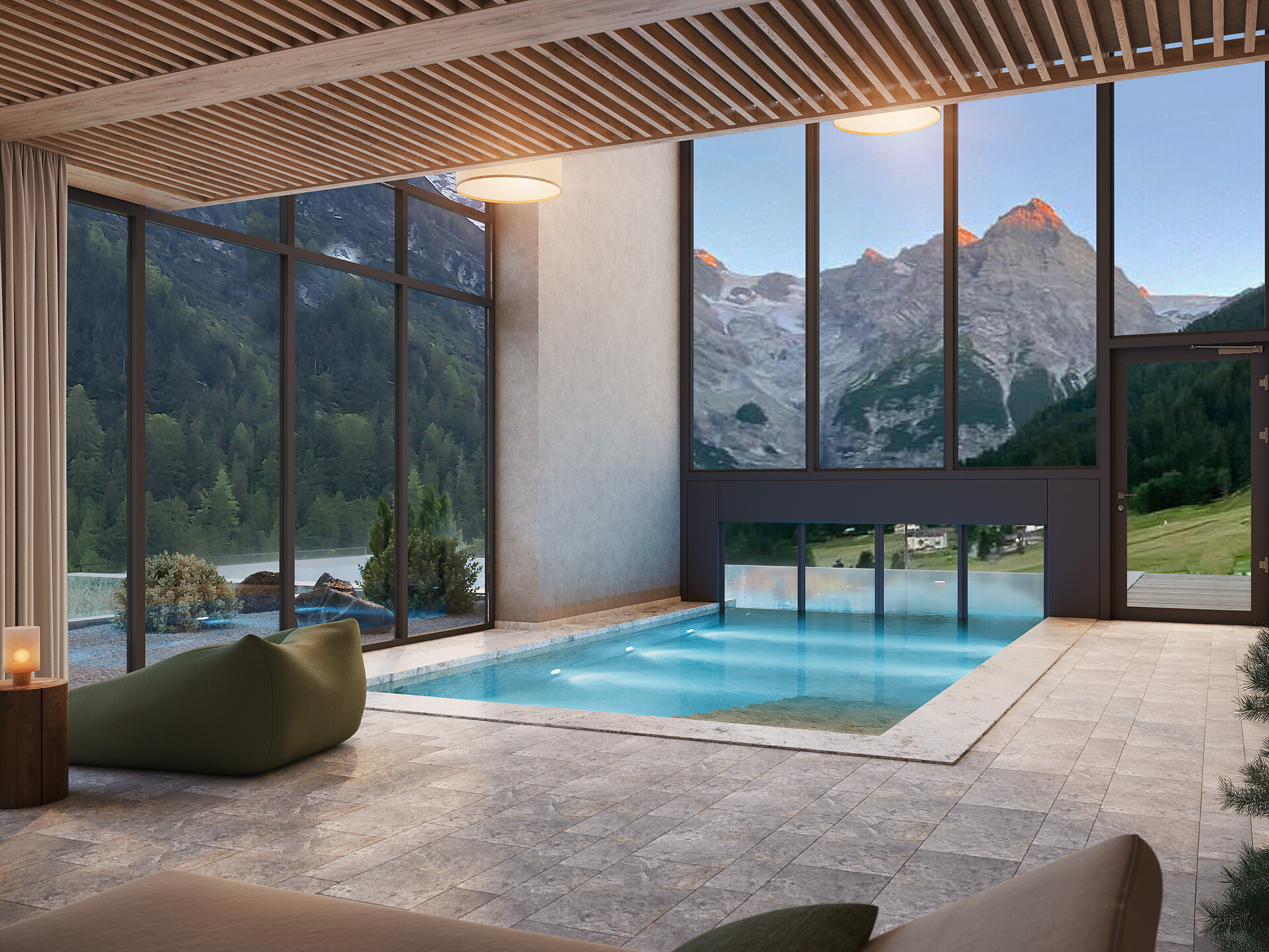 Area wellness con piscina interna ed esterna collegata