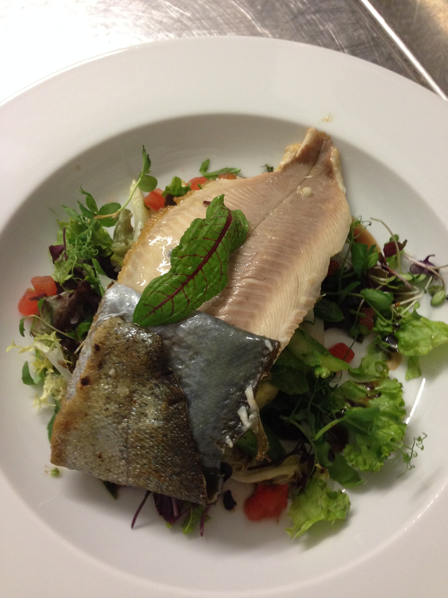 trout filet on salad