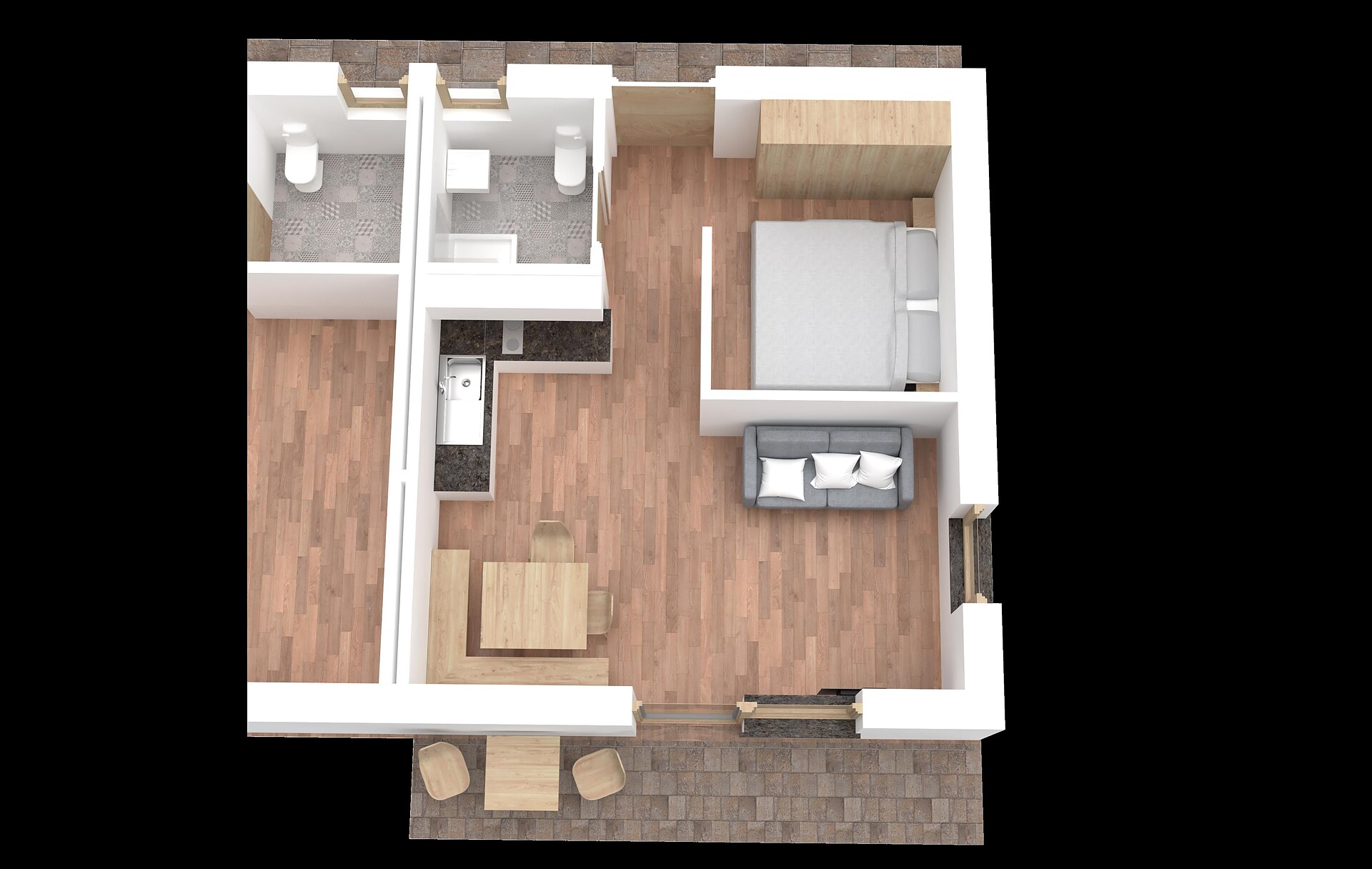 one room holiday flat ground floor with terrace