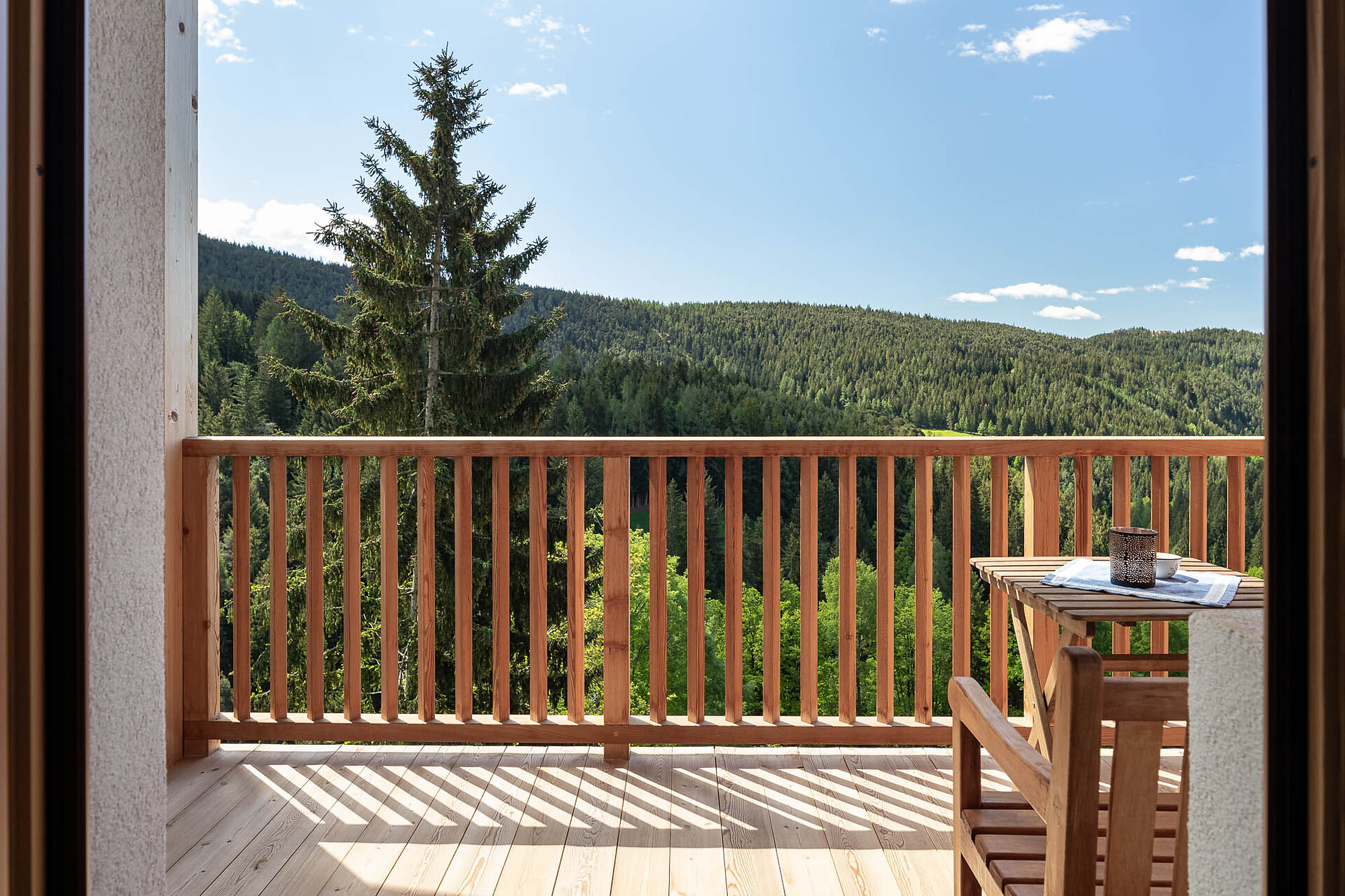 hugh balcony with view on woods and meadows