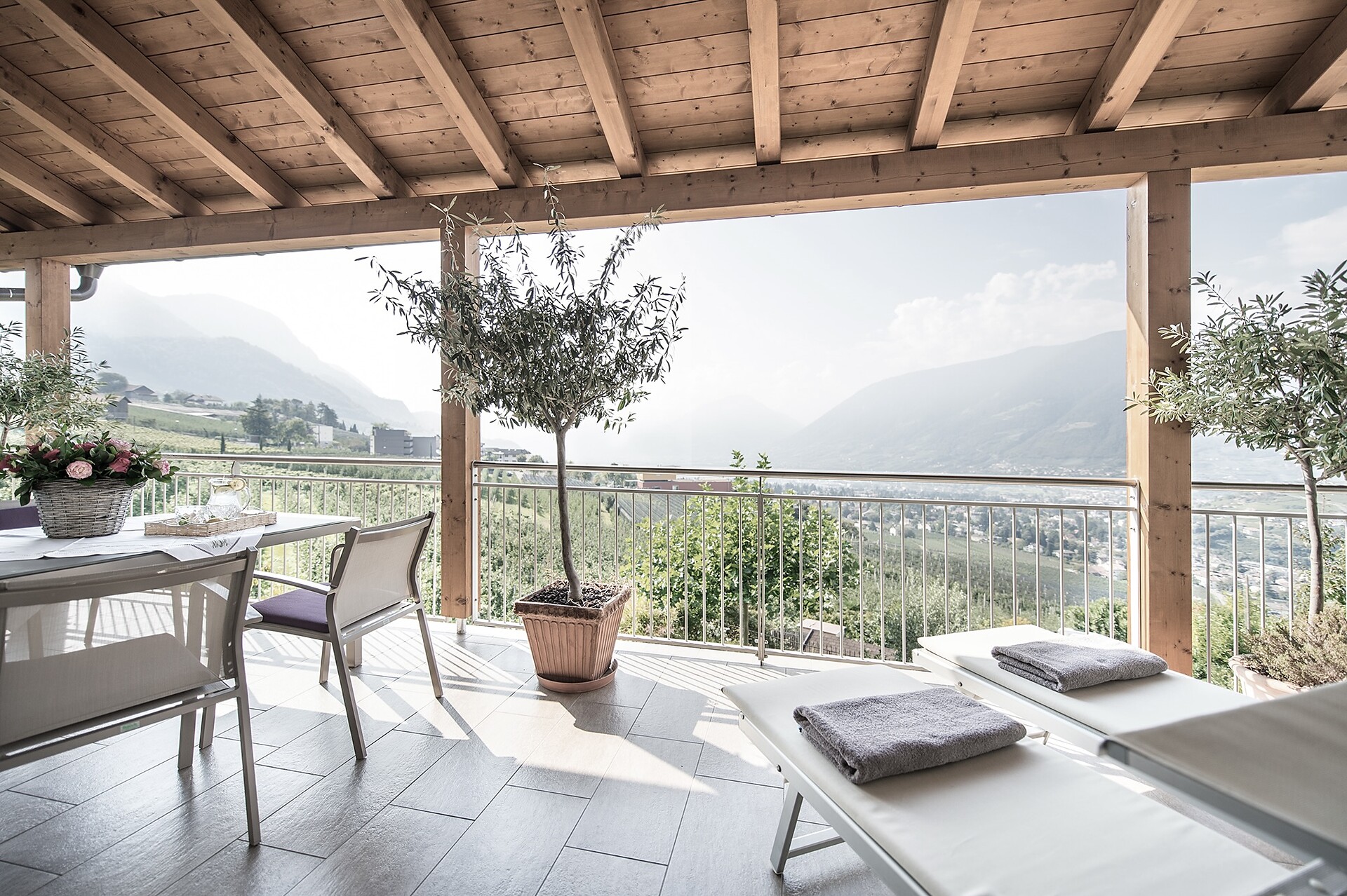 Terrace with wide views, mountain scenery, southwest orientation, and panoramic view over Merano