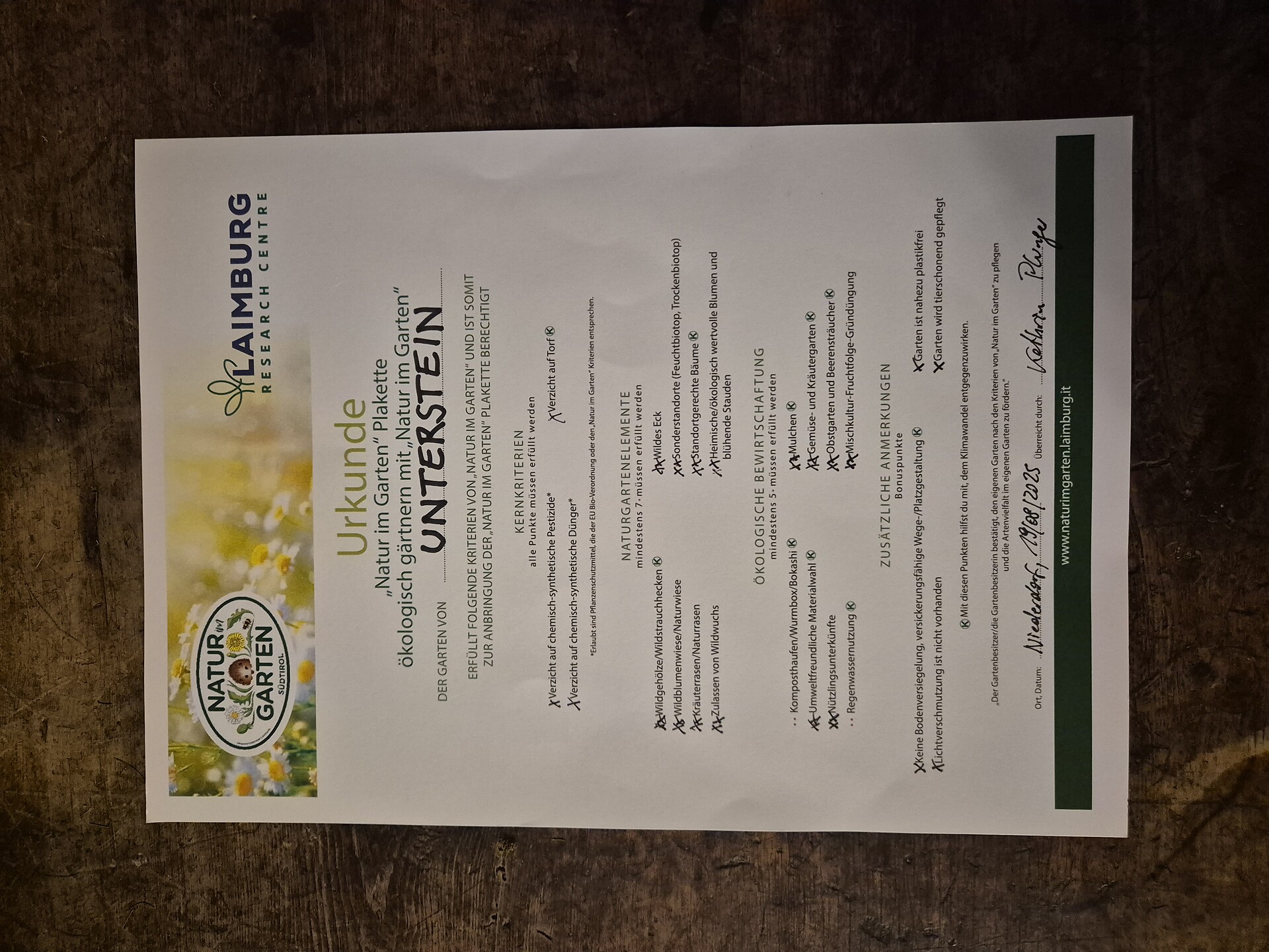 Certificato “Natur im Garten” (Natura in giardino)