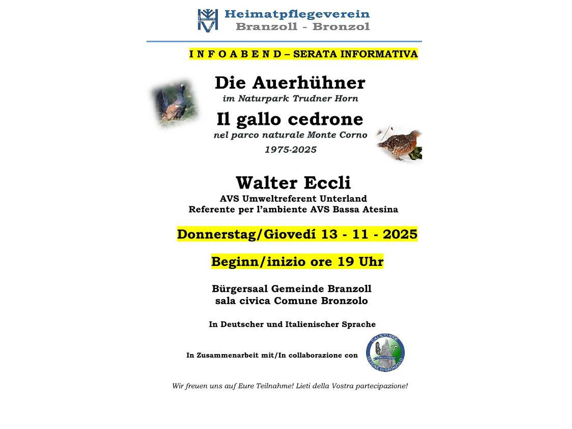 Serata informativa  "Il gallo cedrone nel parco naturale Monte Corno" - Bolzano e dintorni - #1 - suedtirol.info