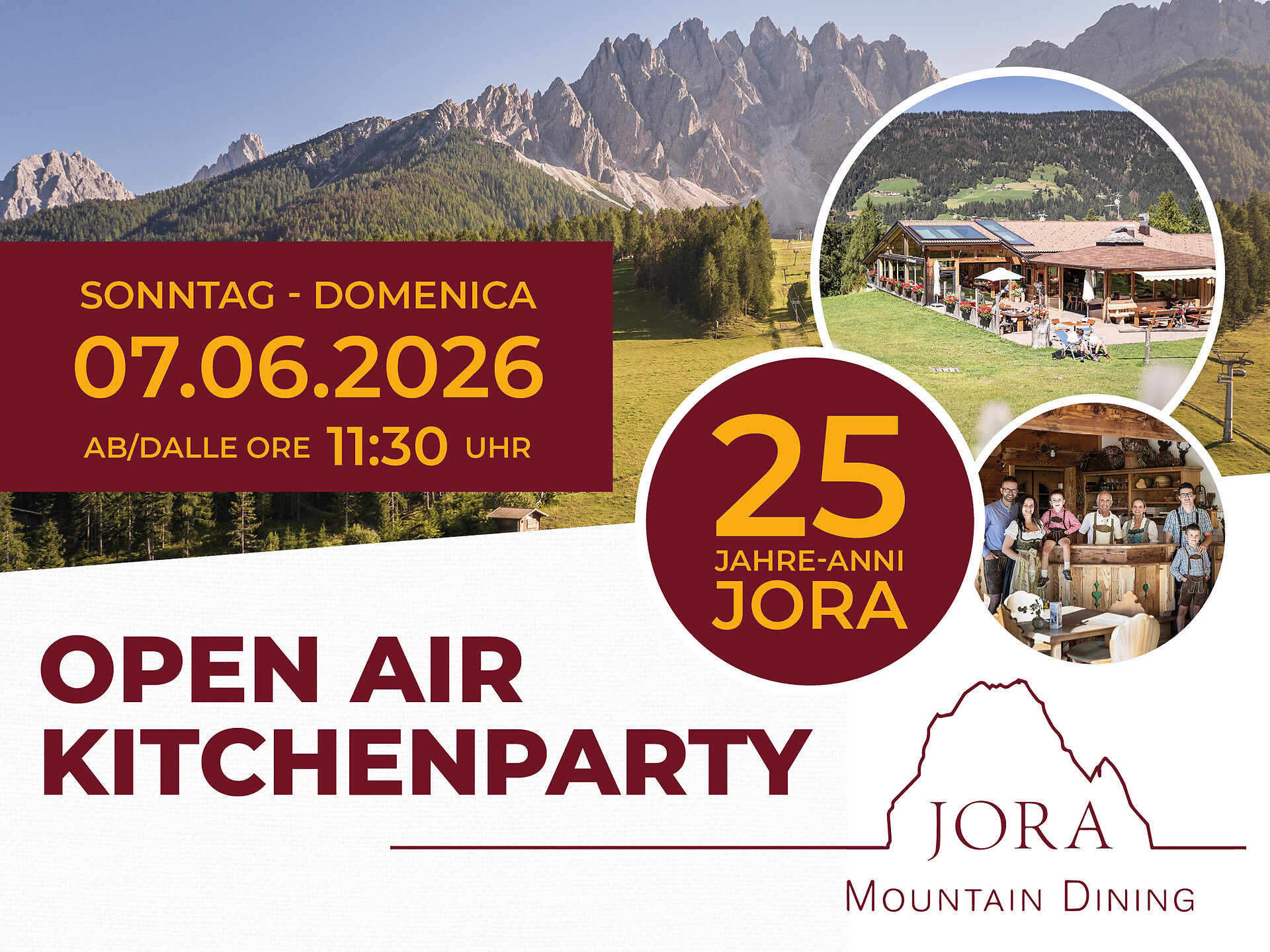 25 ANNI JORA - OPEN AIR KITCHENPARTY - Regione dolomitica 3 Cime - #1 - suedtirol.info