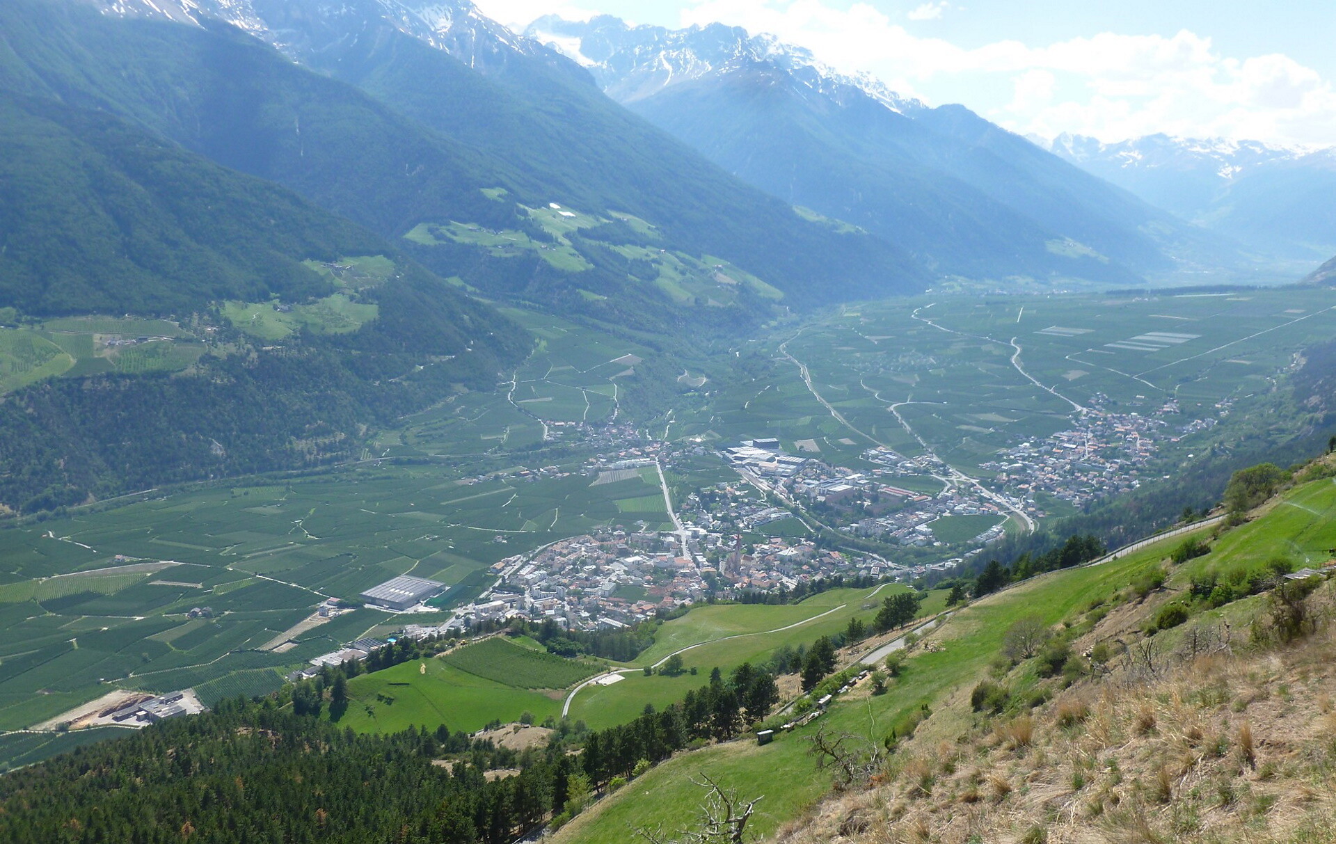 Panorama view at Patsch at the Monte Sole mountain Schlanders