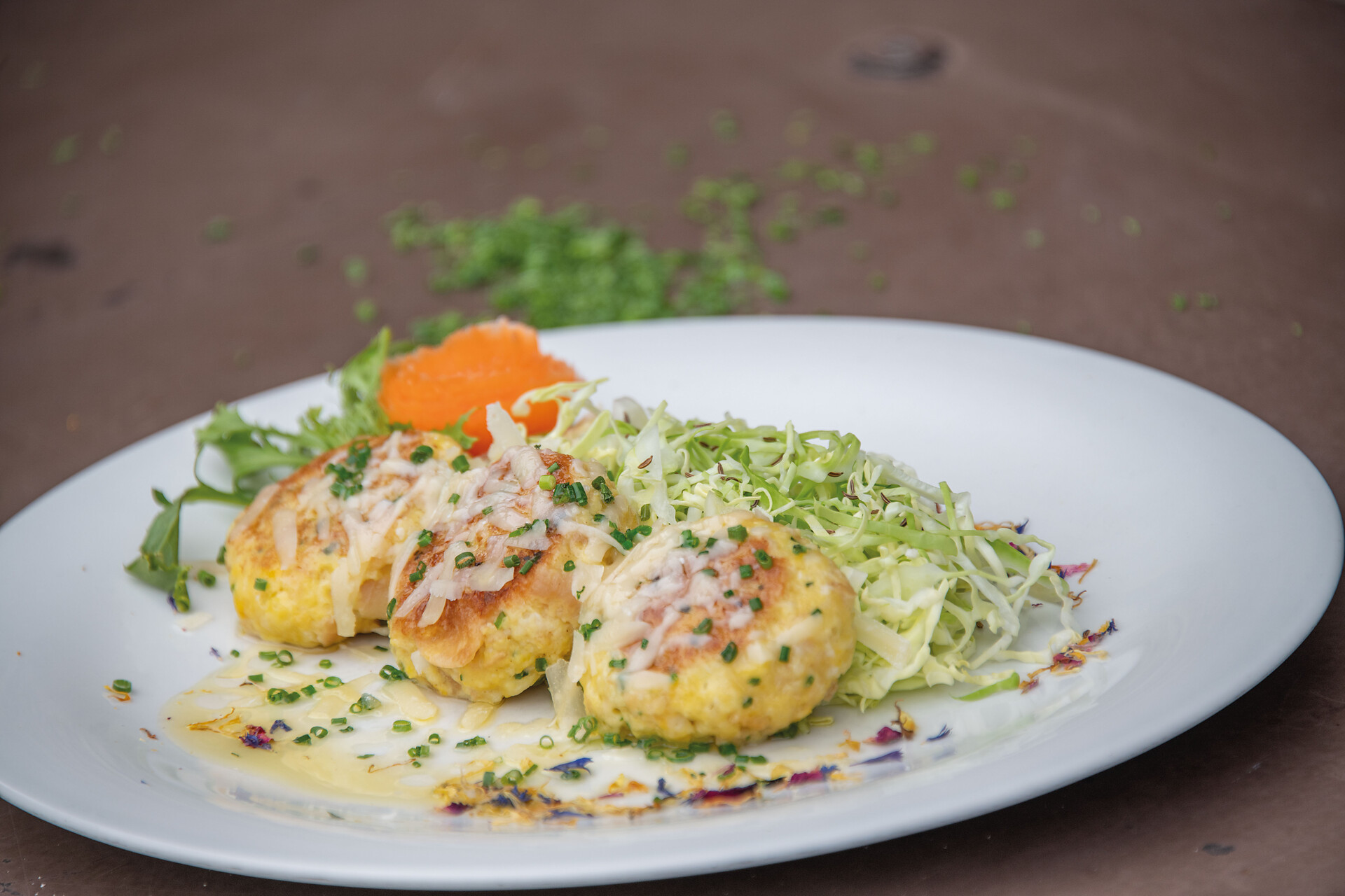 Pressed cheese dumplings with cabbage salad