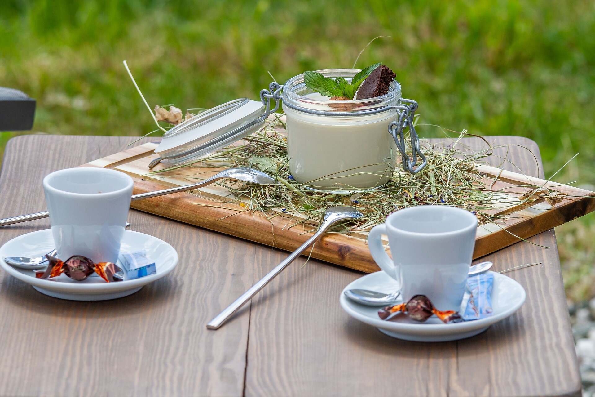 Hay panna cotta on Tschötsch Alm mountain hut, with de luxe espresso Caroma, Alpe di Siusi