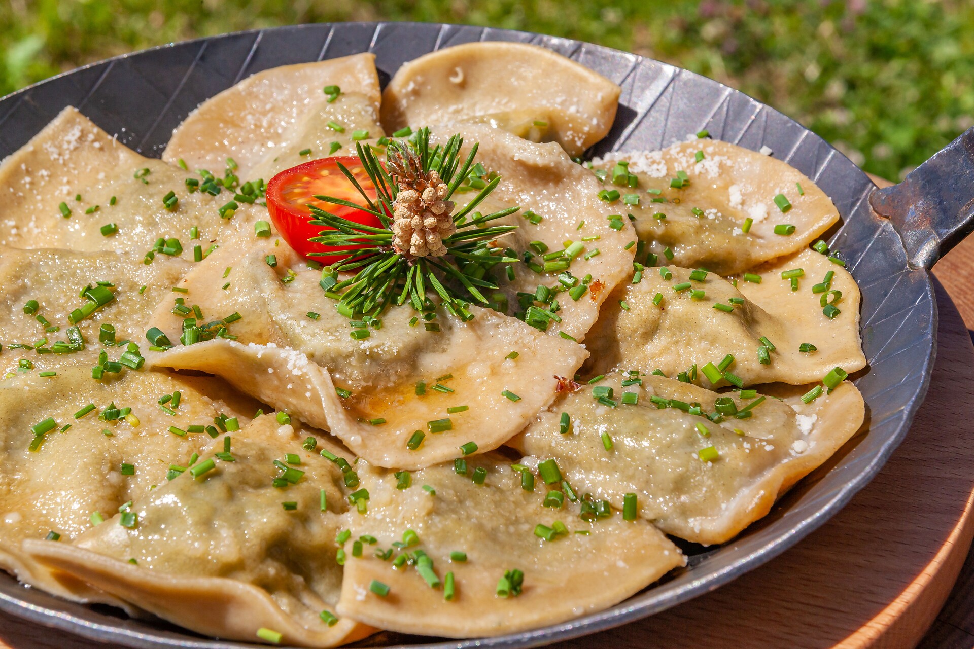 Homemade spinach raviolis, a tyrolean speciality, we recommend you...Tschötsch Alm Mountain Hut